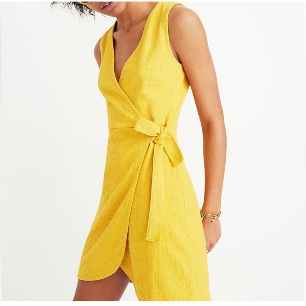 Madewell Crosshatch Side-Tie Mini Dress‎ in Mustard Yellow Size o